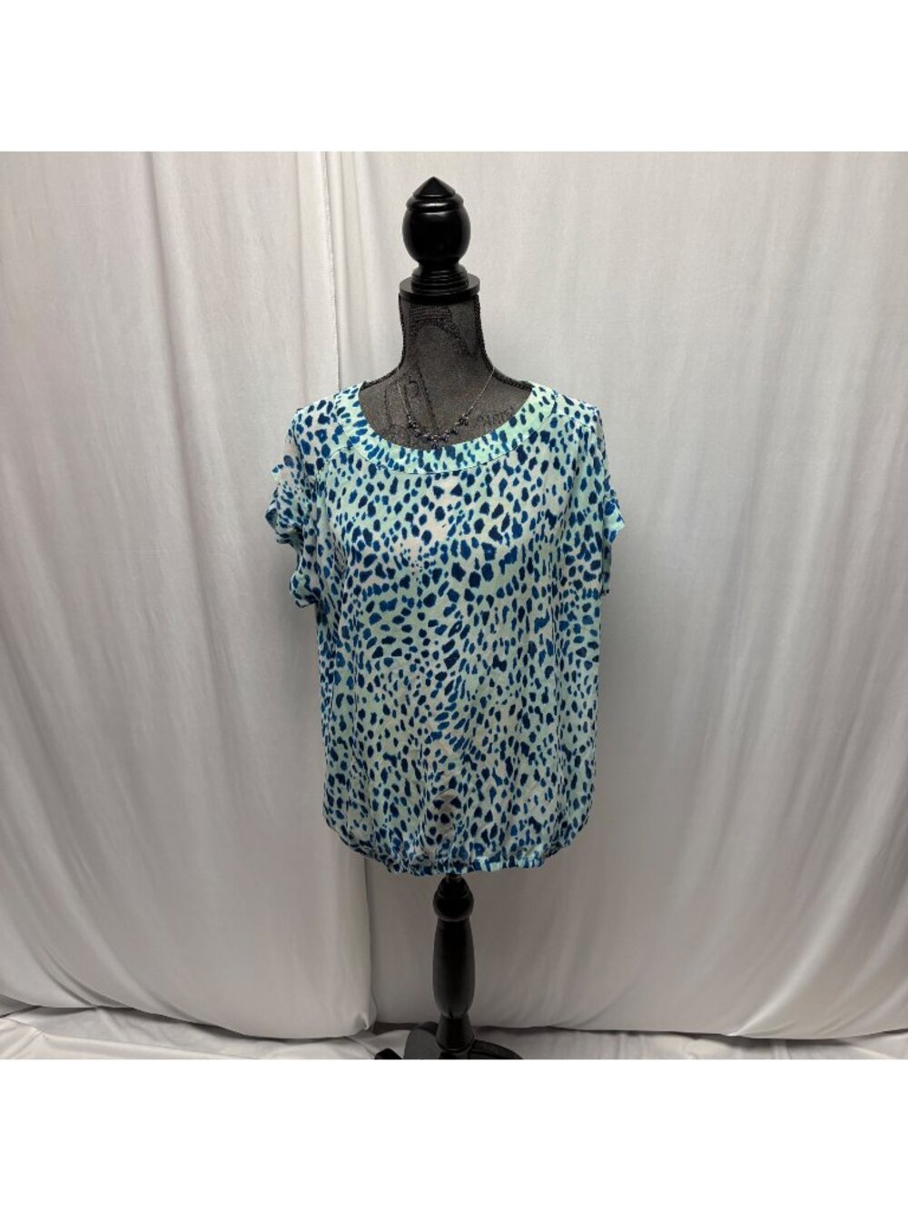 ANA Blue Leopard Print Short Sleeve Blouse Womens Sz Large Lightweight Sheer Top